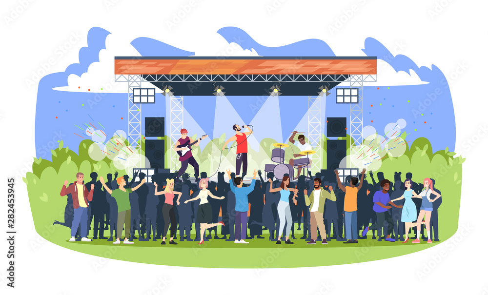 Rock music festival flat vector illustration. Open air live concert in