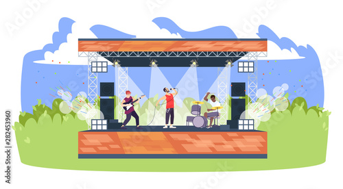 Summer rock festival flat vector illustration. Pop music summer performance. Open air live concert. Summertime outdoor rockfest. Guitarist, vocalist and drummer on stage cartoon characters