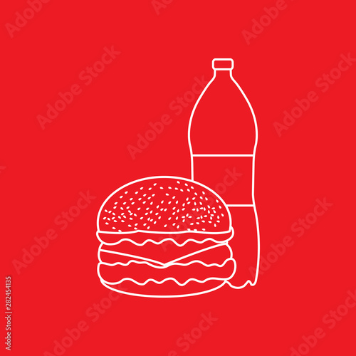 Burger and bottle of soda water.