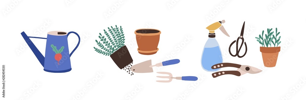 Obraz premium Composition with gardening tools isolated on white background. Bundle of equipment for agricultural work, plant cultivation or transplantation, work in garden. Flat cartoon vector illustration.