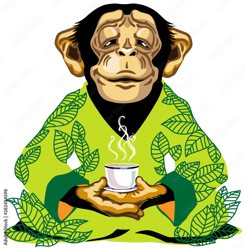 cartoon chimp great ape or chimpanzee monkey wearing kimono robe with green tea leaves, sitting in lotus yoga pose and holding a cup of tea. Spiritual harmony and peaceful emotion. Front view. Isolate cartoon chimp great ape or chimpanzee monkey wearing kimono robe with green tea leaves, sitting in lotus yoga pose and holding a cup of tea. Spiritual harmony and peaceful emotion. Front view. Isolate