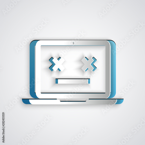 Paper cut Dead laptop icon isolated on grey background. 404 error like laptop with dead emoji. Fatal error in pc system. Paper art style. Vector Illustration
