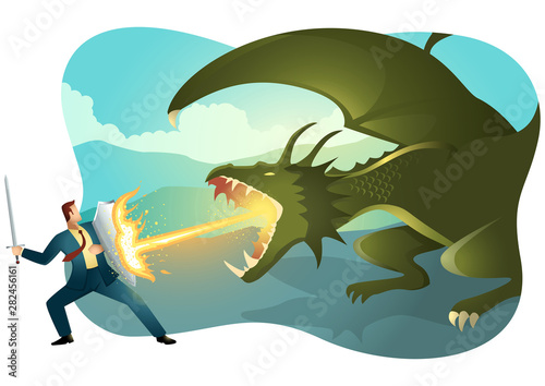Businessman fighting a dragon