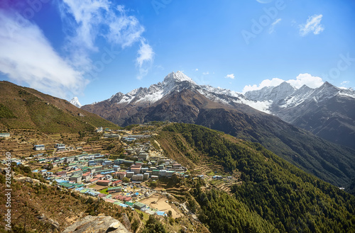 Namche Bazaar aerial view, mount Thamserku, Everest trek, Himalaya, Nepal