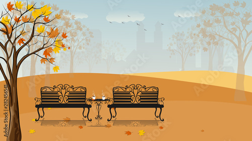 Autumn landscape in City park with hot chocolate drink with cinnamon maples on table, two benches with  leaves falling from maples tree in retro style, fall seasons background