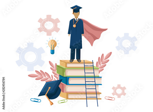 Student graduation Vector flat style. Symbols knowledge template. Happy pupils moments. Achieved steps diploma university graduates