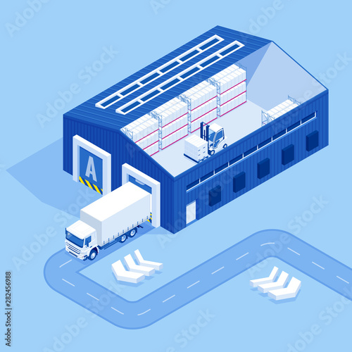 Isometric Industrial Warehouse Loading Dock. Truck with Semi Trailers Load Merchandise.