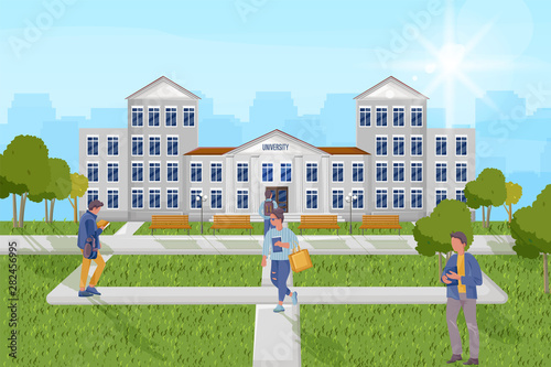 Students at the university outdoors Vector flat style. Architectural facade. ...