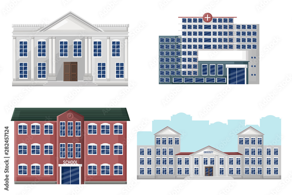 Architectural facades set university, school, hospital and bank Vector flat style. Detailed front views