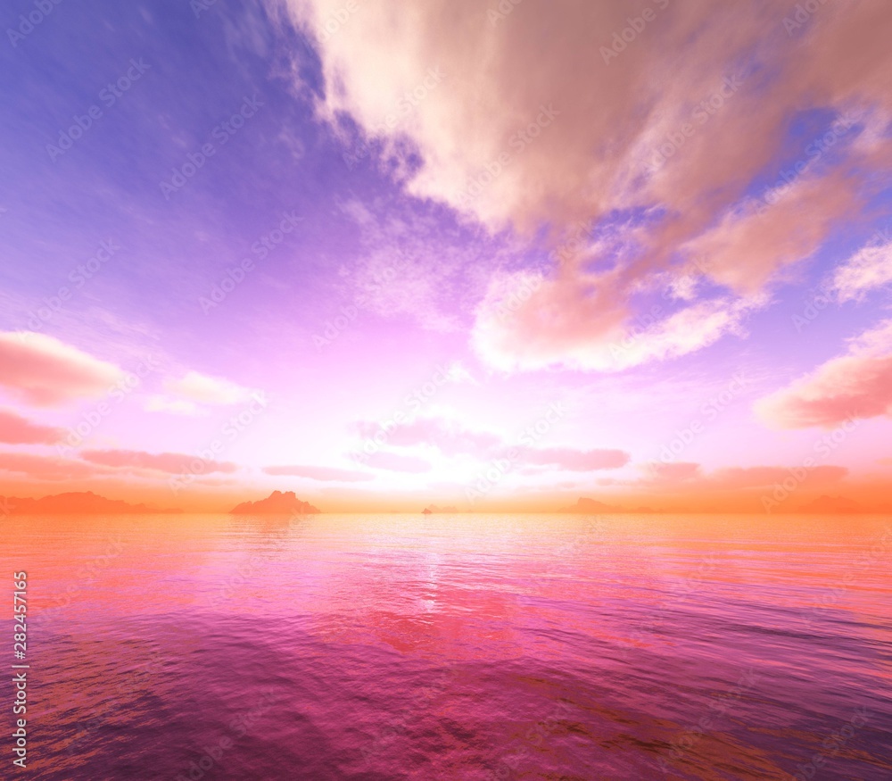 Sunset over the sea. Ocean sunset. The sun over the sea. Clouds over the water. Seascape,