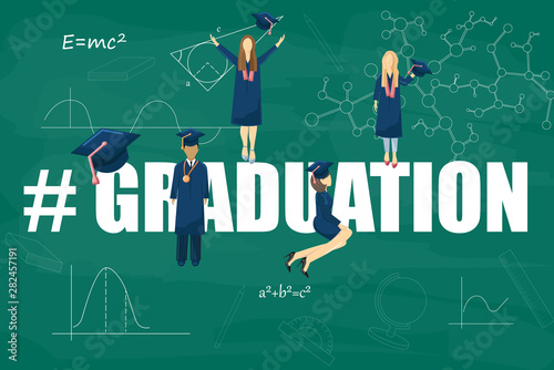 Graduation students Vector flat style. Symbols knowledge template. Happy pupils moments. Achieved steps diploma university graduates