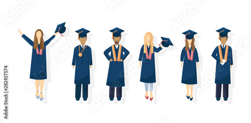 Students graduation Vector flat style. Symbols knowledge template. Happy pupils moments. Achieved steps diploma university graduates