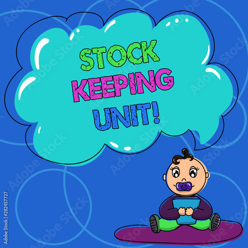 Conceptual hand writing showing Stock Keeping Unit. Business photo text product and service identification code store or product Baby Sitting on Rug with Pacifier Book and Cloud Speech Bubble
