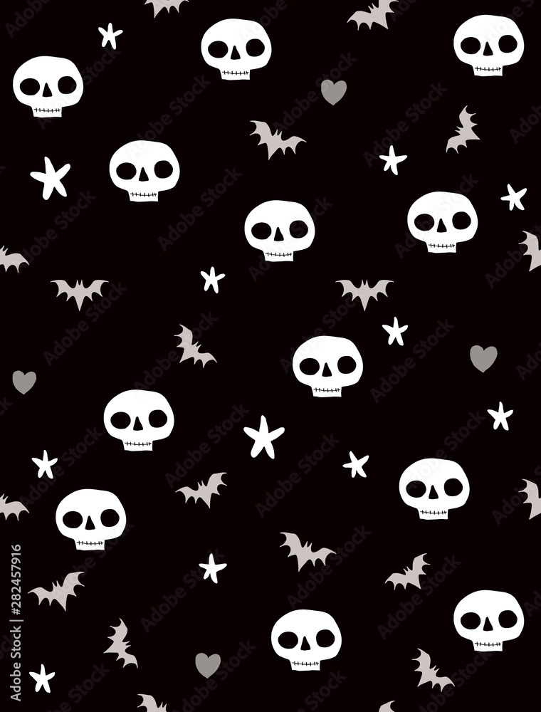 Funny Halloween Print with Bats and Skulls Isolated on a Black Background.White Stars, Beige Bats and Hearts Among White Skulls.Halloween Abstract Vector Illustration for Card, Fabric, Wrapping Paper. Funny Halloween Print with Bats and Skulls Isolated on a Black Background.White Stars, Beige Bats and Hearts Among White Skulls.Halloween Abstract Vector Illustration for Card, Fabric, Wrapping Paper.