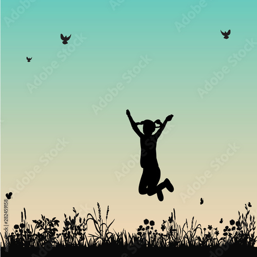  isolated, on nature background, silhouette of a girl jumping