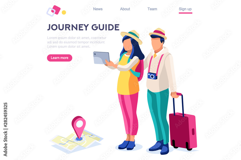 Journey Guide. Person with Luggage. Tourist Collection. Photographing Set, Sight, Art Visiting. Tourism for Young. Travel Clip, Traveling. Cartoon Flat Vector Illustration Hero Images Isometric Banner
