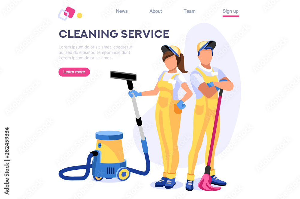 Profession Service Supply Work. Cleaner Web Floor Page. Professional Home Vacuum Set. Mess Template Sweeping Banner. Isometric Cartoon Flat Vector Illustration Isolated on White Background Concept.