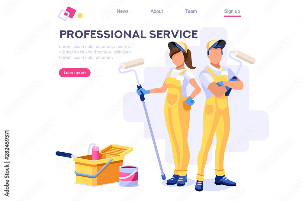 Wall Repair Professional, Home Clip. Painting Work, Roller Set, Vacuuming  Design, Sweeping Wallpaper. Service Cleaner Element. Worker Cartoon Flat  Vector Illustration Banner Isolated Isometric Concept Stock Vector | Adobe  Stock