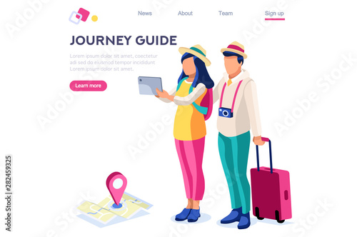 Journey Guide. Person with Luggage. Tourist Collection. Photographing Set, Sight, Art Visiting. Tourism for Young. Travel Clip, Traveling. Cartoon Flat Vector Illustration Hero Images Isometric Banner