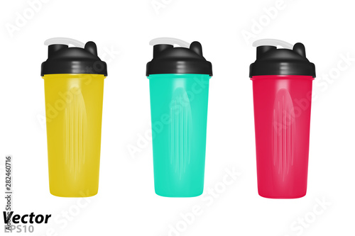 Shaker for protein shakes in vector.Plastic shaker in vector on white background.Bicycle bottle in vector.