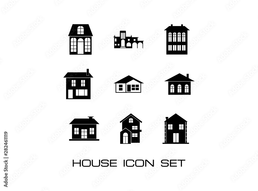 Black House Icon Set Collection. Consisting of Nine (9) Modern and Trendy Estate Image Illustration. Isolated on White Background.- Vector