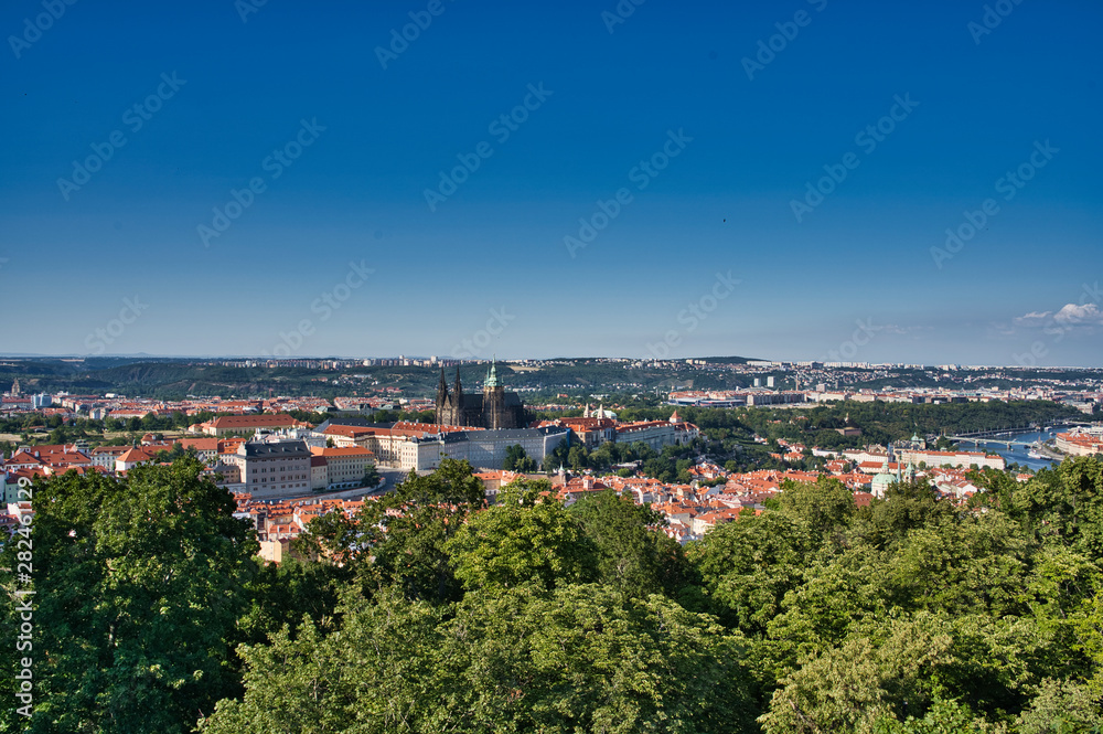 Skyline aerial view of Prague old town and red trees. Prague, Czech republic