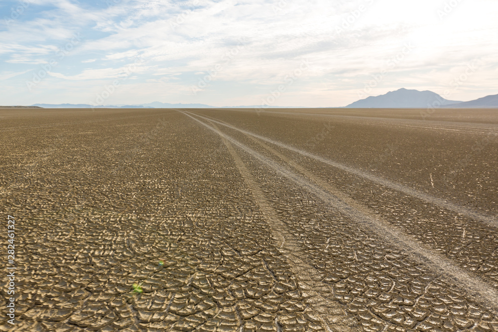 Naklejka premium Tire tracks running across the black rock desert playa