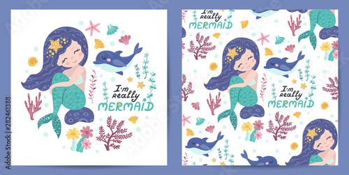 Set of seamless pattern and card with cute mermaid