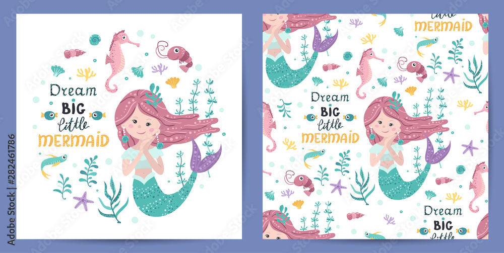 Set of seamless pattern and card with cute mermaid Set of seamless pattern and card with cute mermaid