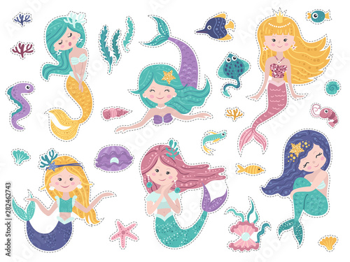 Set of stickers with cute mermaids and sea nature.