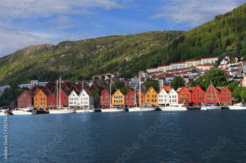 Bergen skyline in Norway. View of historical and colorful buildings in Bryggen and Hanseatic wharf in Bergen, Norway. UNESCO World Heritage Site