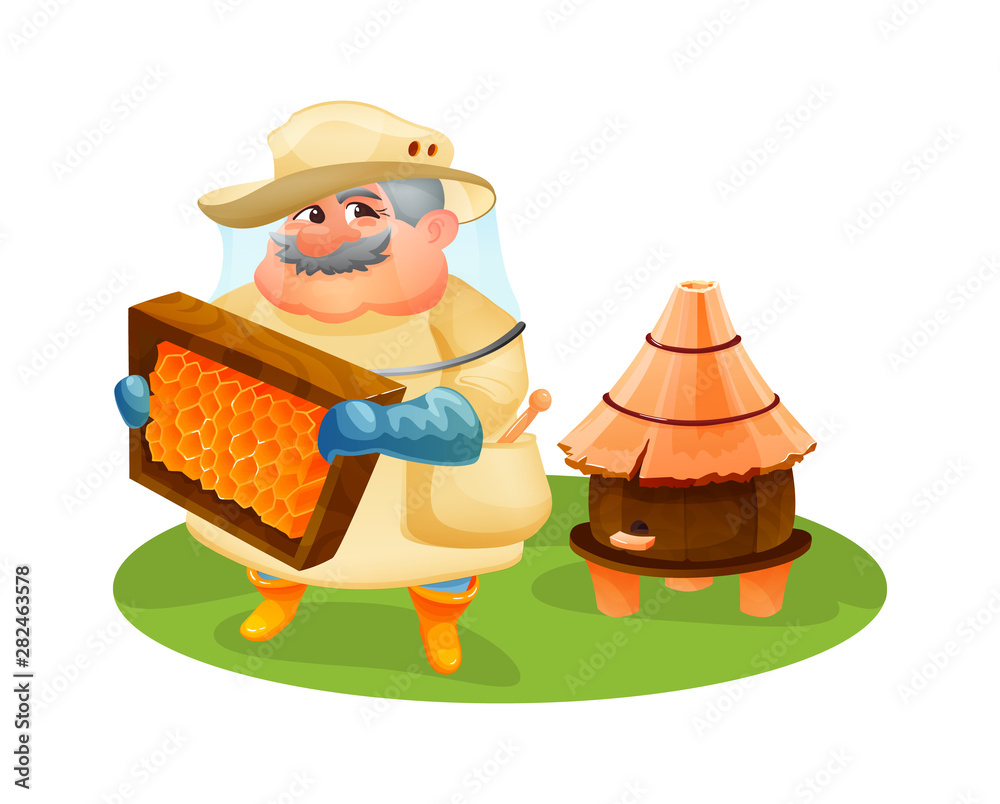 Naklejka premium Beekeeper man inspects a wooden frame with honeycombs