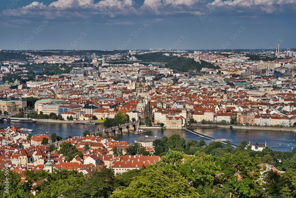 view of Prague old town, Charles bridge, St Vitus Cathedral and red roofs