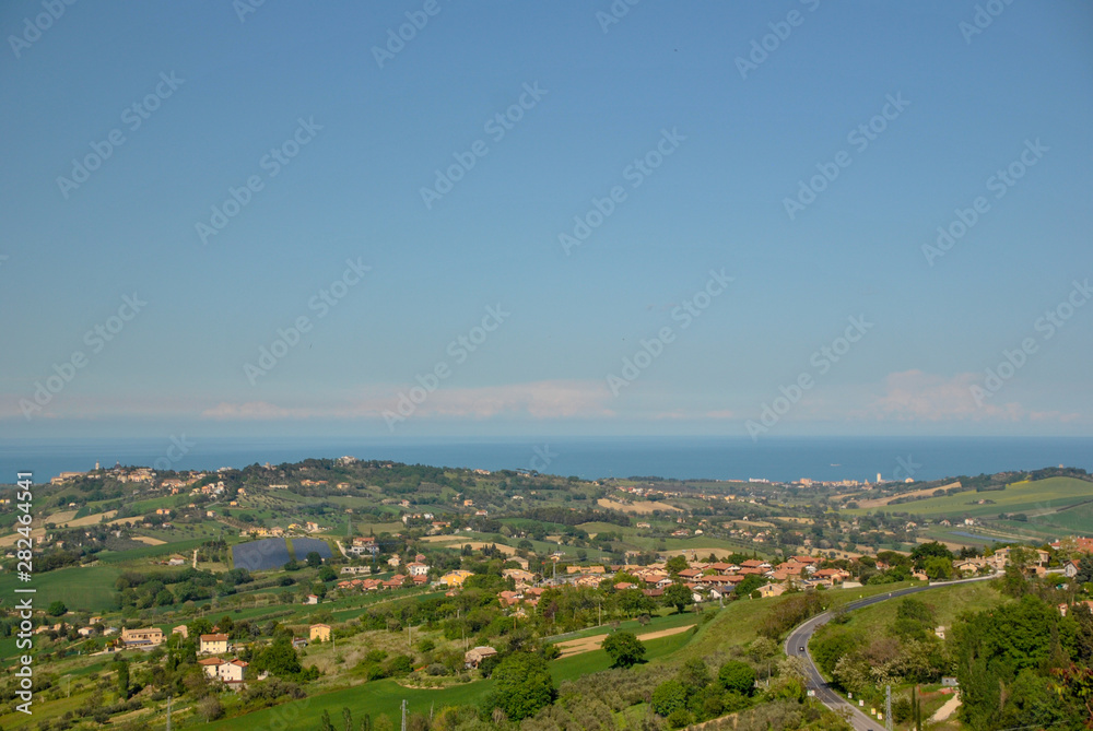 panoramic view of Recanati in Italy with the Adriatic sea