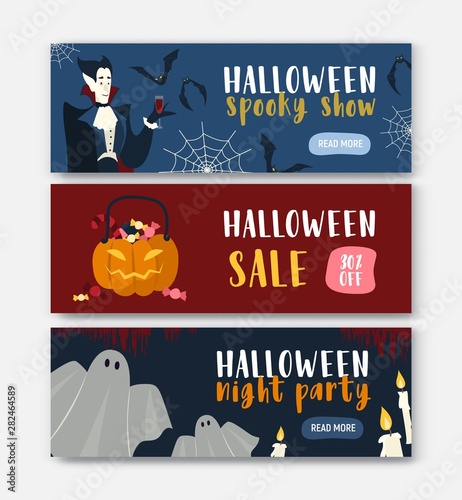 Collection of horizontal holiday web banner templates with Halloween characte...