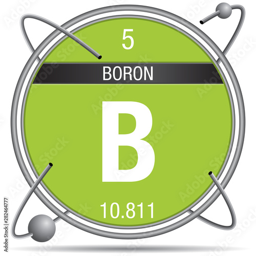 Boron symbol inside a metal ring with colored background and spheres orbiting around. Element number 5 of the Periodic Table of the Elements - Chemistry