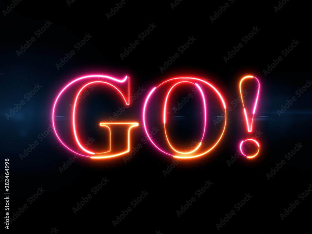 Go! - colorful glowing outline text on blue lens flare dark background Go! - colorful glowing outline text on blue lens flare dark background