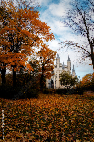 Golden autumn in the Alexandria park. Peterhof, Leningrad region. View of the gothic cappella.