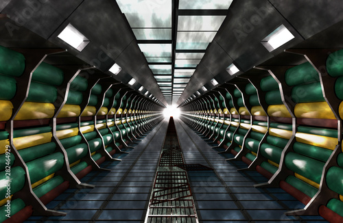 Sci-Fi modern cylinder corridor illuminated with spot lights suitable for Science room background, Railway tunnel Background, and Spaceship inside background., 3d render