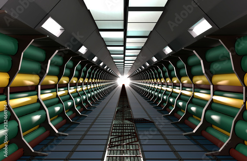 Sci-Fi modern cylinder corridor illuminated with spot lights suitable for Science room background, Railway tunnel Background, and Spaceship inside background., 3d render