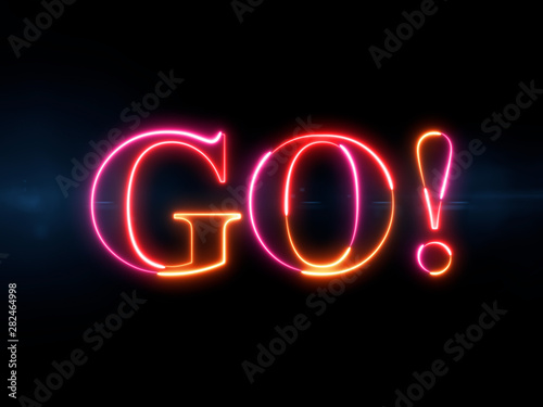Go! - colorful glowing outline text on blue lens flare dark background