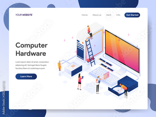 Landing page template of Computer Hardware Engineer Isometric Illustration Concept. Modern design concept of web page design for website and mobile website.Vector illustration EPS 10