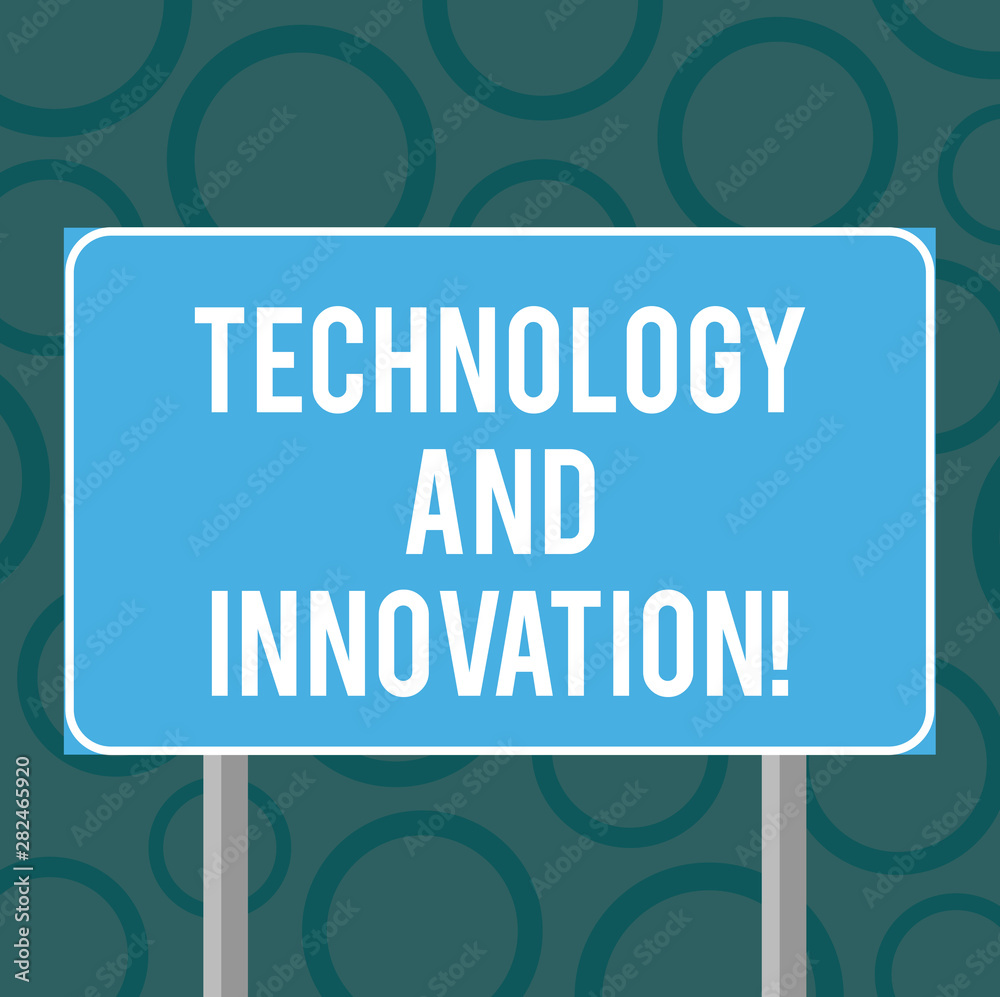 Writing note showing Technology And Innovation. Business photo showcasing Technological changes of products and services Blank Outdoor Color Signpost photo with Two leg and Outline Writing note showing Technology And Innovation. Business photo showcasing Technological changes of products and services Blank Outdoor Color Signpost photo with Two leg and Outline