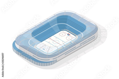 Isometric ice hokey stadium. Sports venue or arena isolated on white background. Building or structure for team sporting competition, game tournament or championship. Modern vector illustration.