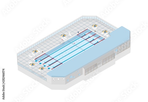Olympic-size swimming pool for international competition isolated on white background. Building or structure for sports tournament or championship. Modern colorful isometric vector illustration.