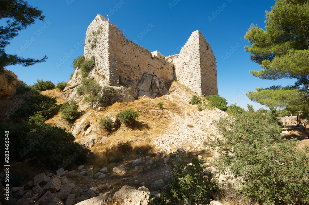 Ajloun fortress ruins on the hill  in Ajloun, Jordan. This ayyubid castle was built in the 12th century, used by crusaders and arabs.