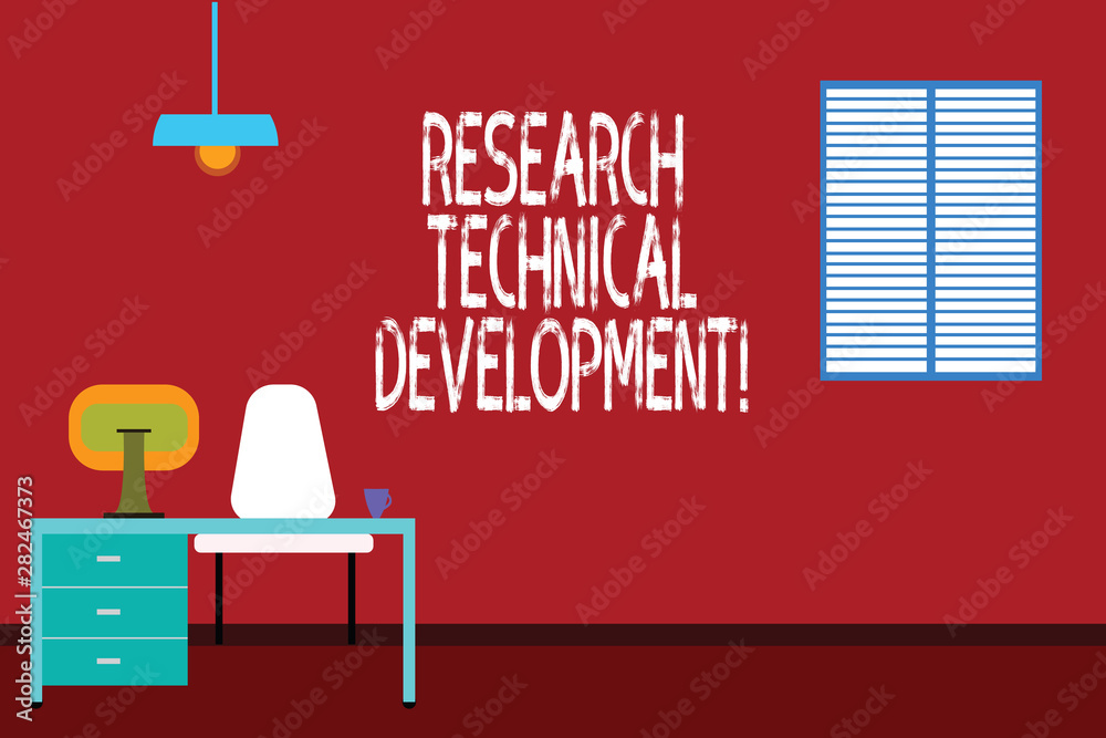 Fototapeta premium Text sign showing Research Technical Development. Conceptual photo innovative actions undertaken by corporations Work Space Minimalist Interior Computer and Study Area Inside a Room photo