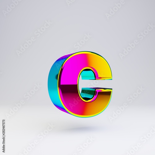 Holographic 3d letter C lowercase. Glossy font with multicolor reflections and shadow isolated on white background.