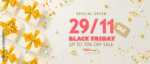 Black friday sale background with gift boxes and serpentine. Modern design.Universal vector background for poster, banners, flyers, card.