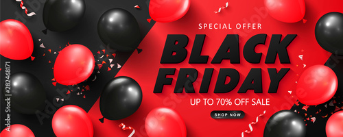 Black friday sale background with balloons and serpentine. Modern design.Universal vector background for poster, banners, flyers, card.